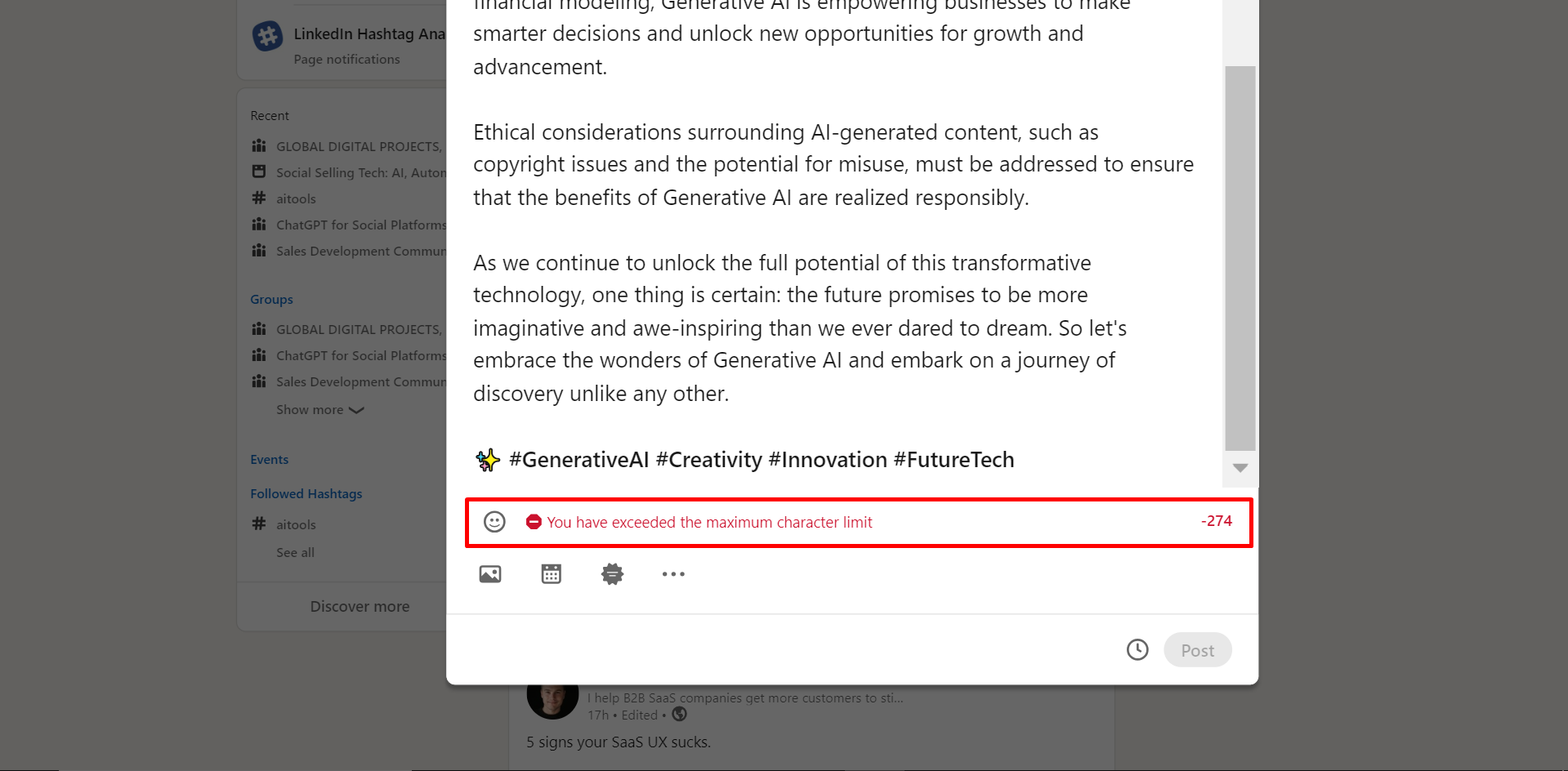 exceeded character limit alert on linkedin