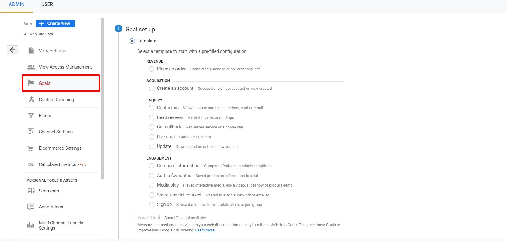 goal setup in google analytics