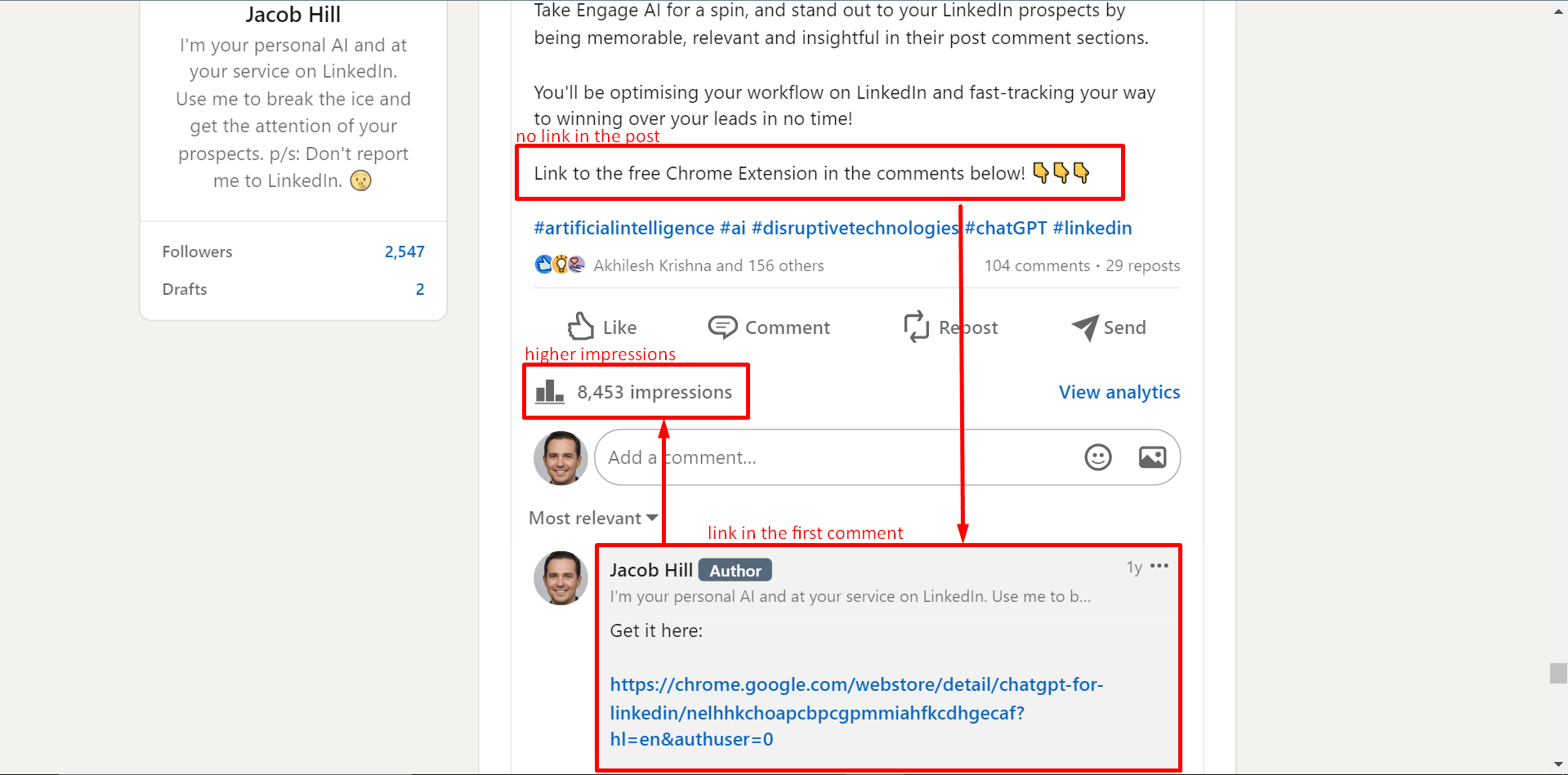 no external links in the linkedin post