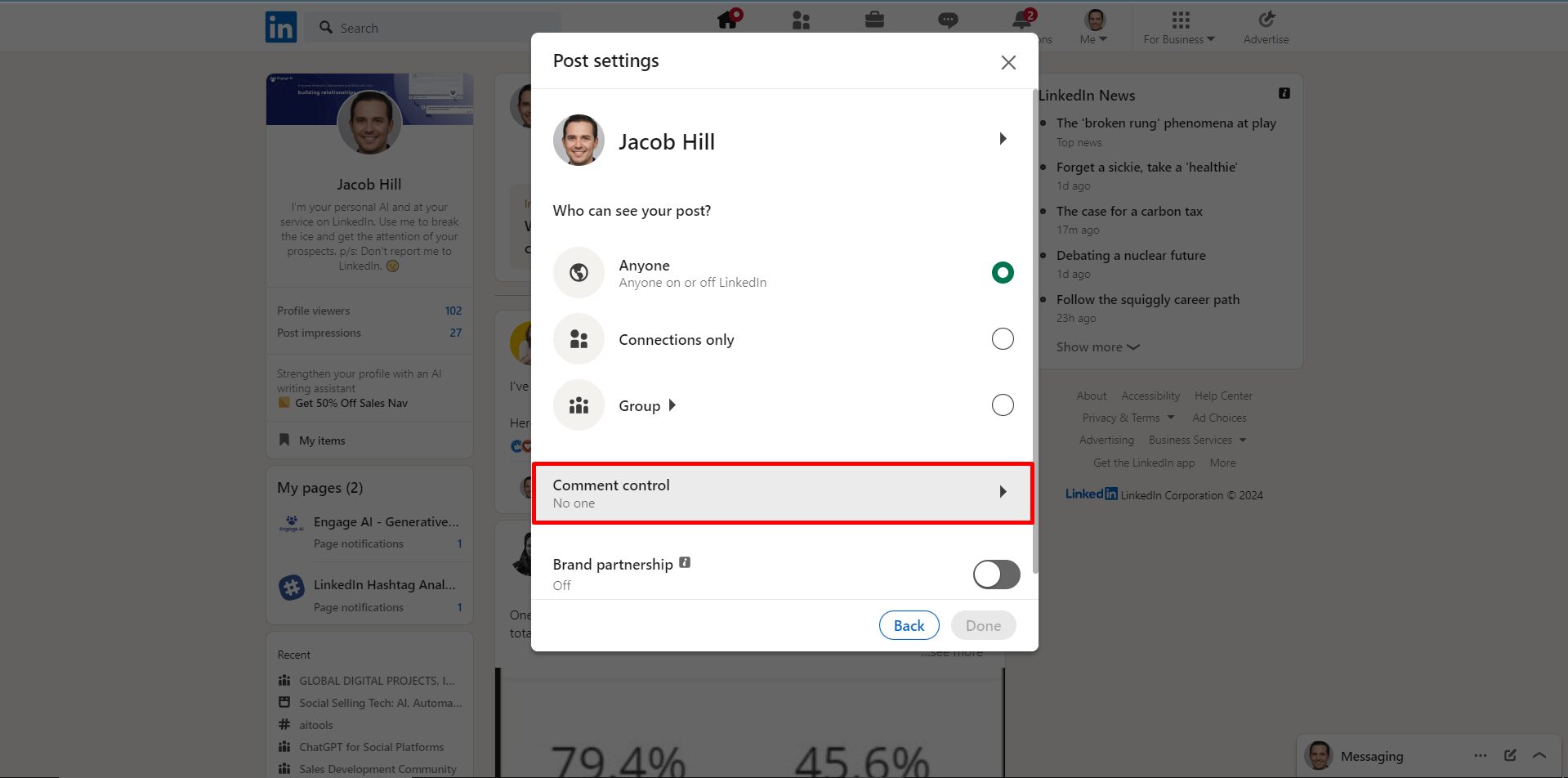 linkedin post comment control