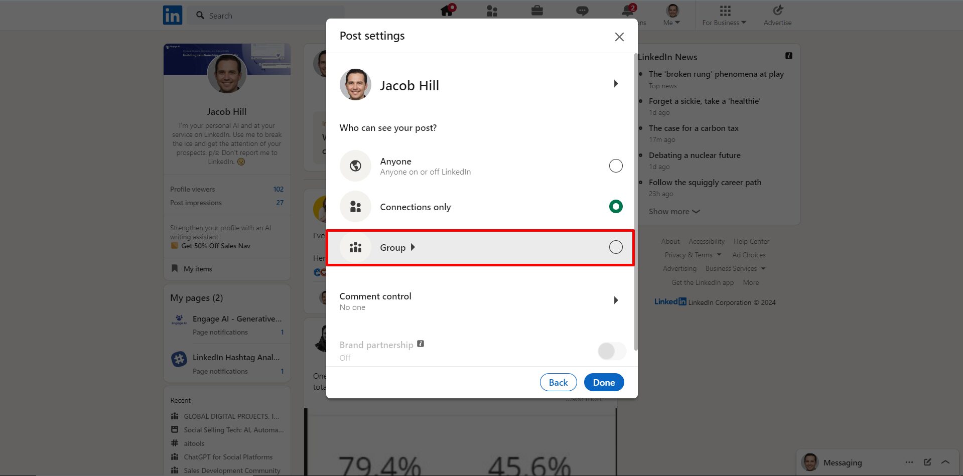 linkedin visibility option group