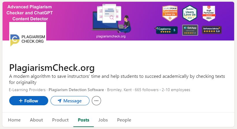 PlagiarismCheck.org LinkedIn page highlighting its advanced plagiarism and ChatGPT content detection features with awards and recognition badges displayed.