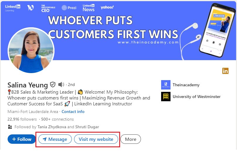 Salina Yeung’s LinkedIn profile featuring her philosophy, "Whoever puts customers first wins," with direct links to message and visit her website.