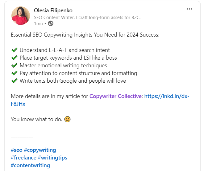 Olesia Filipenko’s LinkedIn post outlining essential SEO copywriting insights for 2024 success with a link to her article.