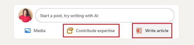 LinkedIn post creation interface with options to contribute expertise or write an article.