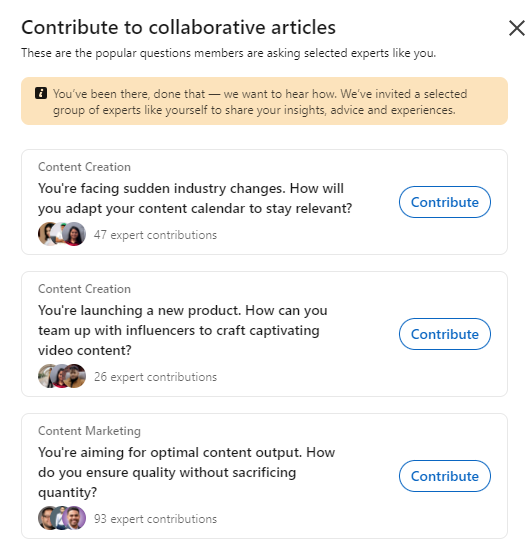 LinkedIn's collaborative articles section featuring expert contributions on content creation and marketing topics.